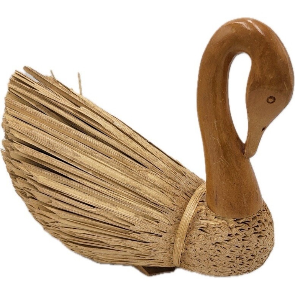 Vtg Corn Husk Swan Goose Carved Wood Head Folk Core‎ Handmade Figure Decor Large